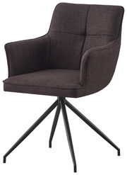 Moderner Armlehnstuhl mit dunkelbraunem Stoffbezug und schwarzem Metallgestell, seitliche Perspektive