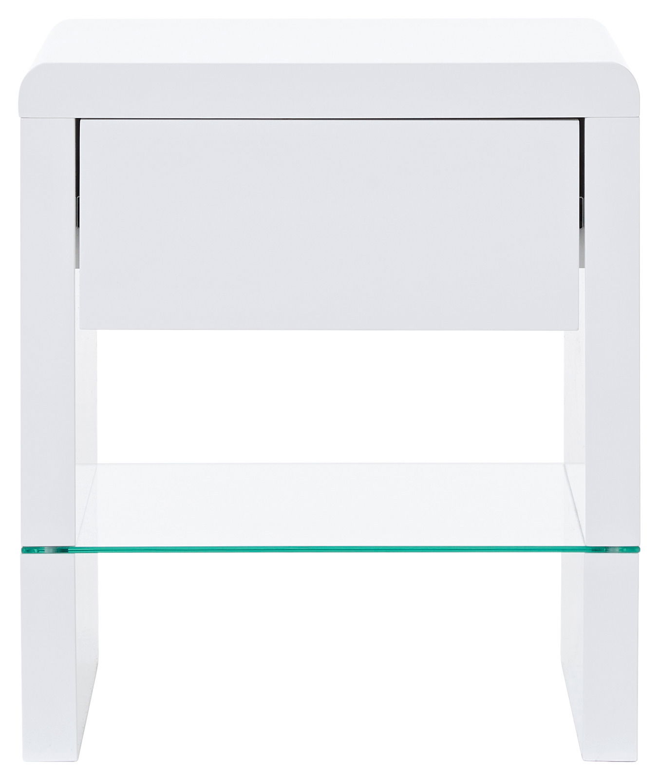 Weiße Nachtkommode mit einer Schublade und einem Glasregal, frontale Ansicht
