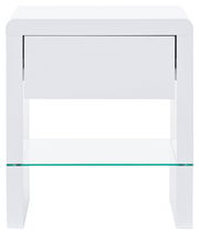 Weiße Nachtkommode mit einer Schublade und einem Glasregal, frontale Ansicht