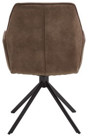 Rückansicht eines braunen Sessels mit schwarzem Metallgestell