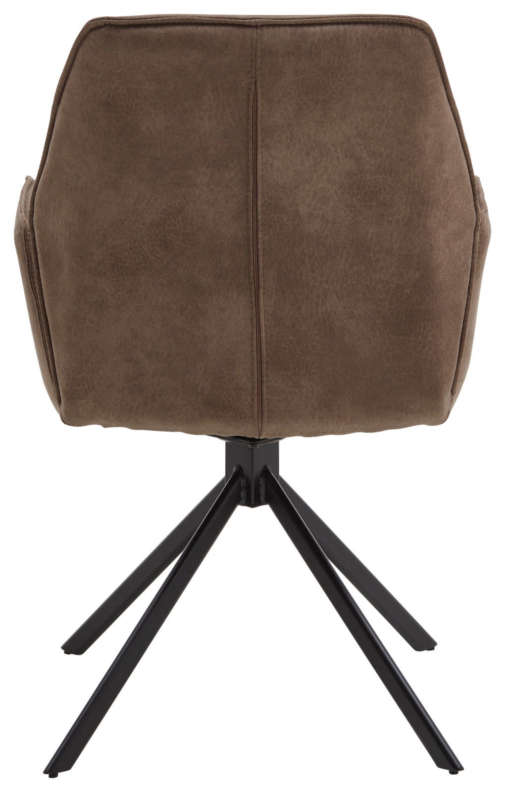 Rückansicht eines braunen Sessels mit schwarzem Metallgestell