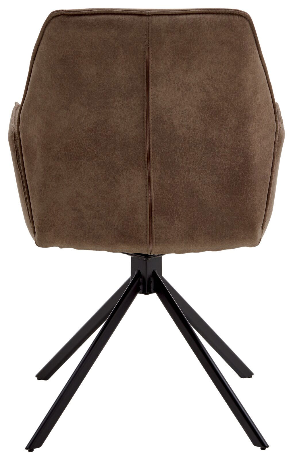 Rückansicht eines braunen Sessels mit schwarzem Metallgestell