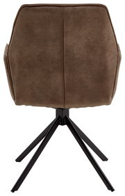 Rückansicht eines braunen Sessels mit schwarzem Metallgestell