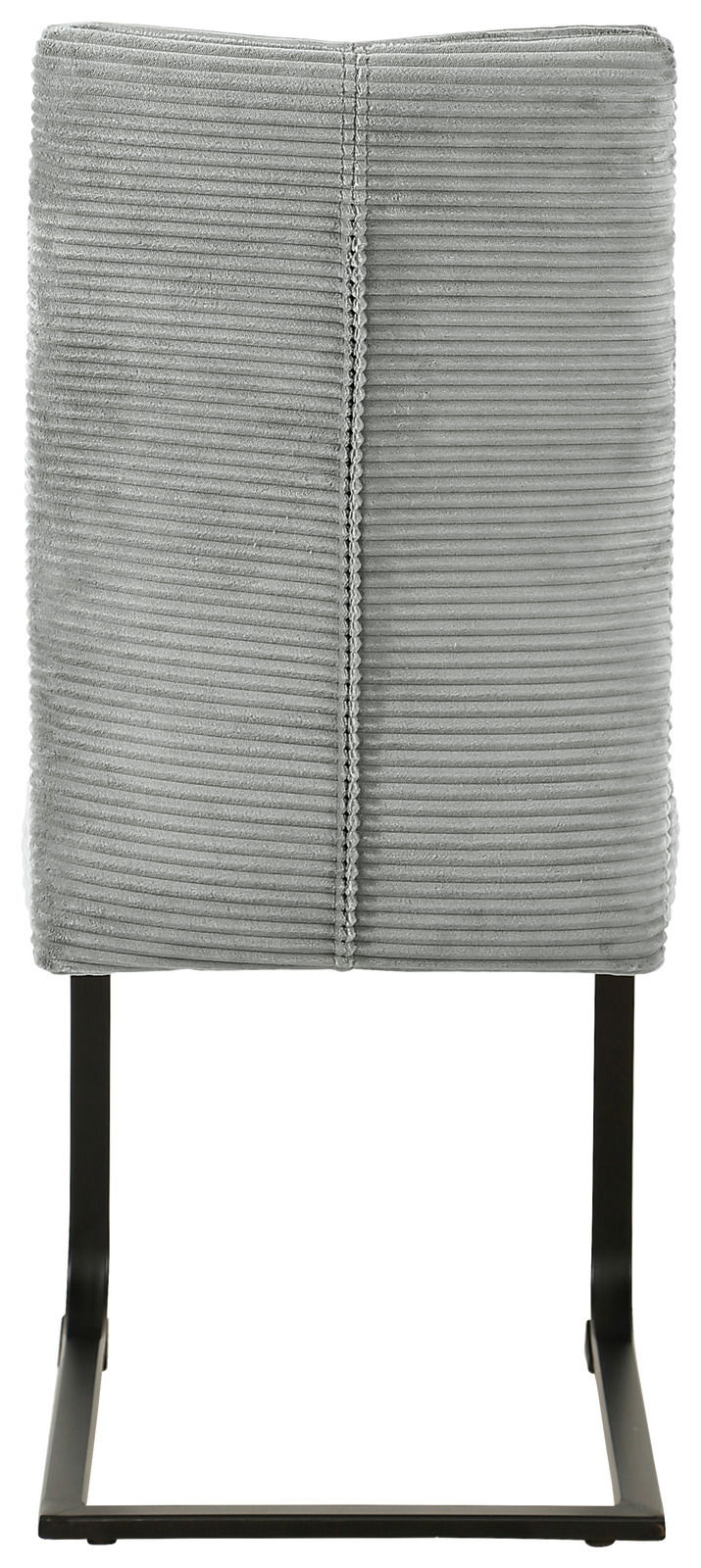 Rückansicht eines grauen Schwingstuhls mit gestreiftem Stoffbezug und schwarzem Metallgestell.