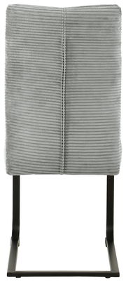 Rückansicht eines grauen Schwingstuhls mit gestreiftem Stoffbezug und schwarzem Metallgestell.