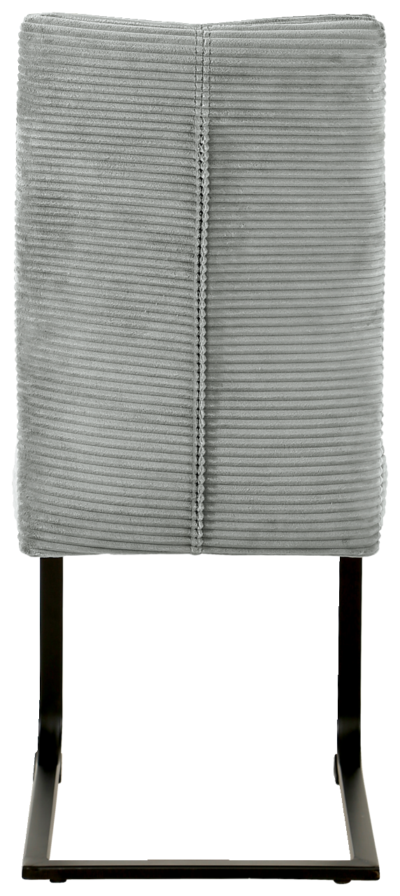 Rückansicht eines grauen Schwingstuhls mit gestreiftem Stoffbezug und schwarzem Metallgestell.