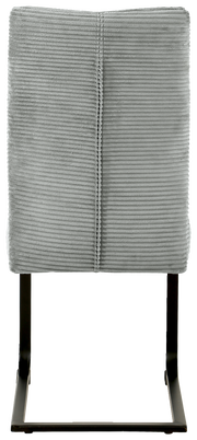 Rückansicht eines grauen Schwingstuhls mit gestreiftem Stoffbezug und schwarzem Metallgestell.