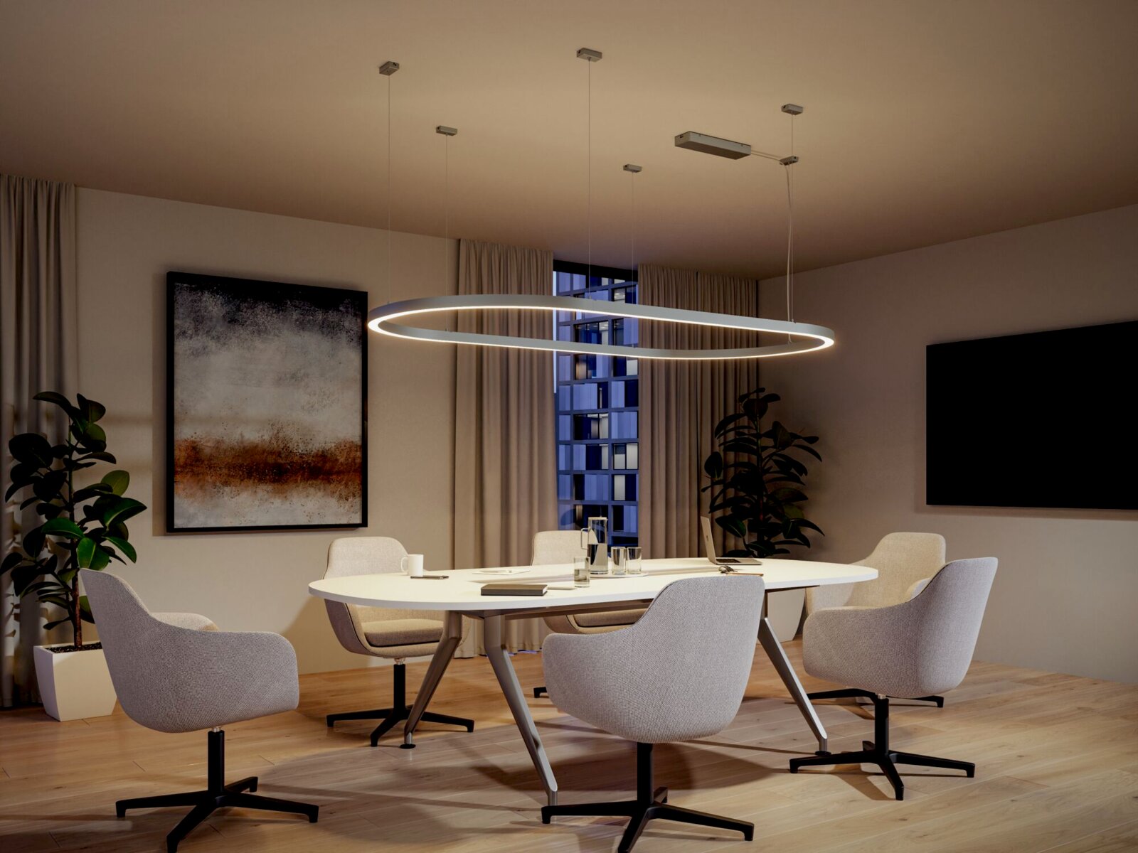 PAULMANN Power Box LINION Moderne LED-Ring-Pendelleuchte in Weiß über einem Konferenztisch in einem stilvollen Meetingraum, Perspektive leicht von unten und frontal auf die Leuchte