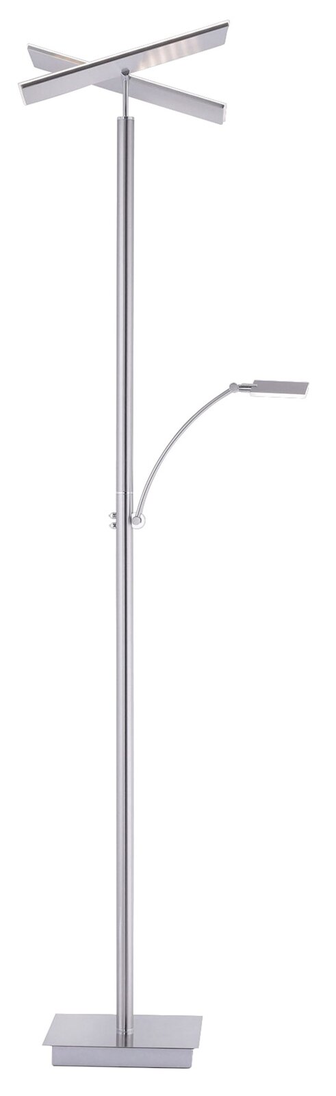 Moderne LED-Stehleuchte aus Metall mit zwei Leuchtarmen, seitliche Perspektive