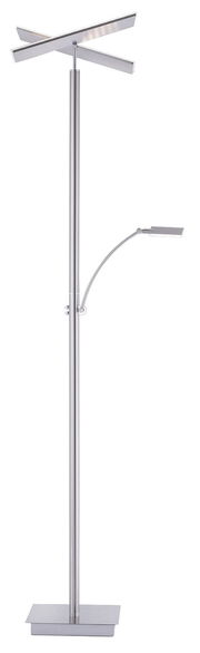 Moderne LED-Stehleuchte aus Metall mit zwei Leuchtarmen, seitliche Perspektive