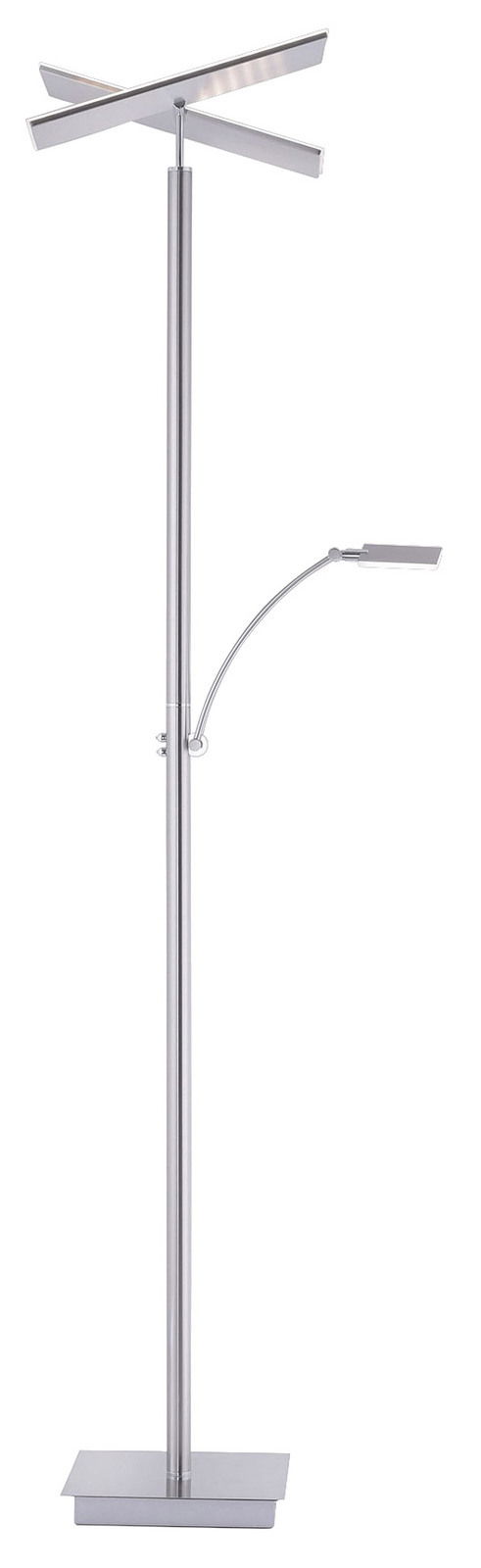 Moderne LED-Stehleuchte aus Metall mit zwei Leuchtarmen, seitliche Perspektive