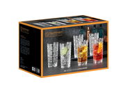 Verpackung mit sechs Bossa Nova Longdrinkgläsern von Nachtmann, frontal abgebildet mit dekorativen Getränken.