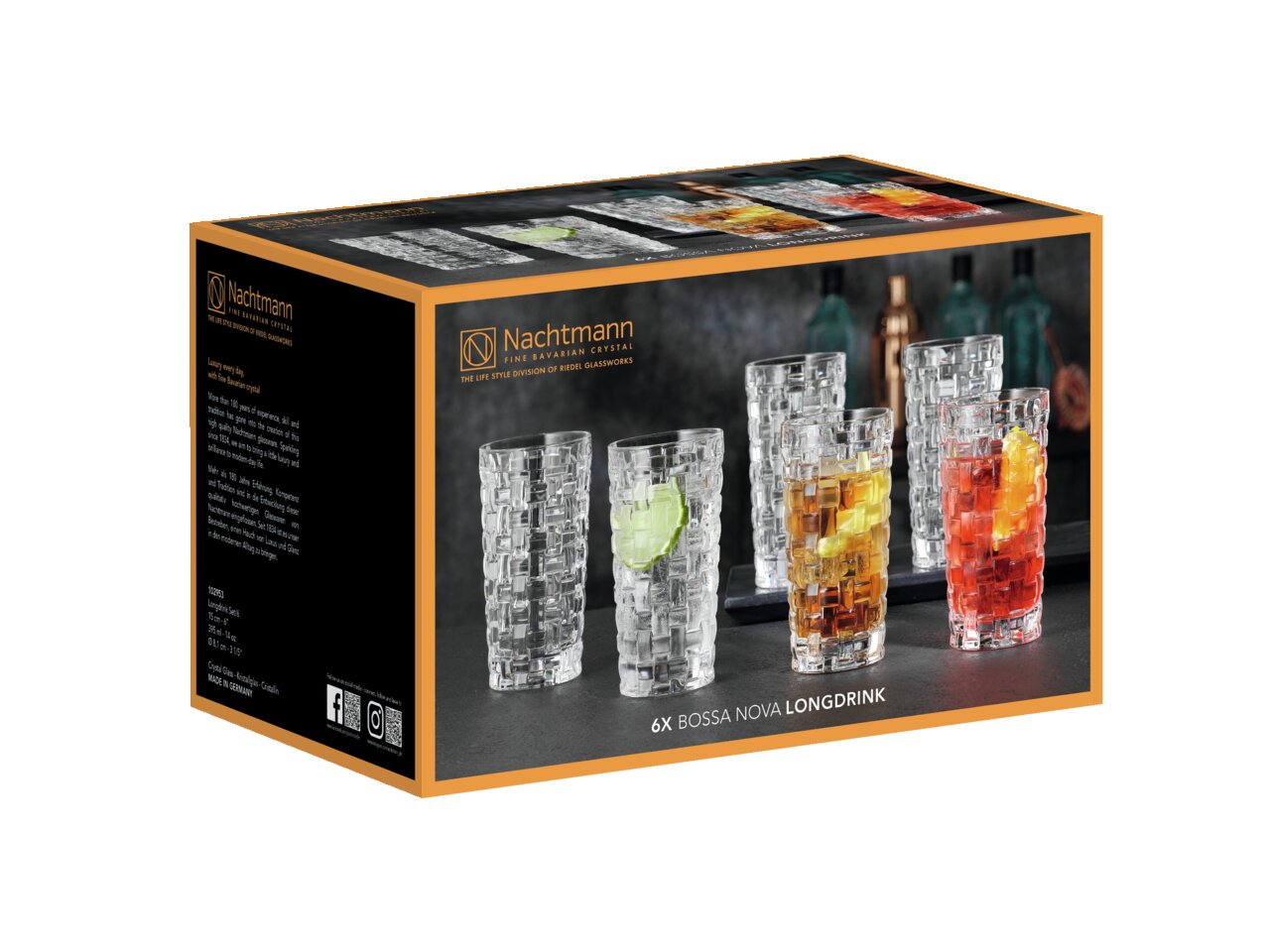Verpackung mit sechs Bossa Nova Longdrinkgläsern von Nachtmann, frontal abgebildet mit dekorativen Getränken.