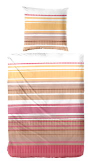 Bettwäsche-Set mit Streifenmuster in Gelb, Rosa und Weiß, aus der Vogelperspektive fotografiert