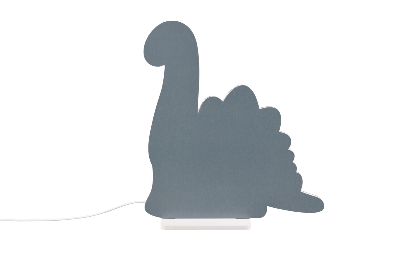 Graue Tischlampe in Dinosaurierform (Stegosaurus) mit weißem Sockel und Kabel, Frontalansicht vor weißem Hintergrund