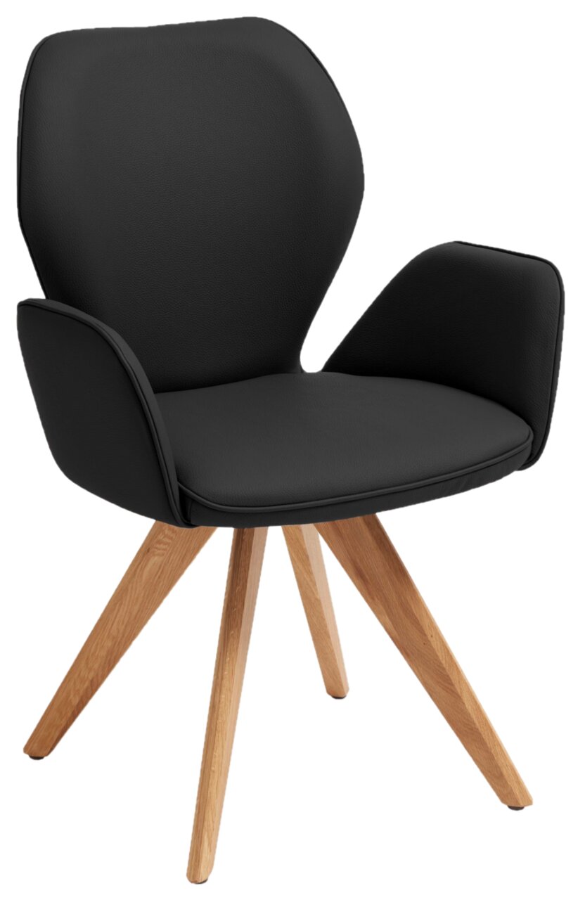 Moderner schwarzer Sessel mit Holzbeinen, seitliche Perspektive