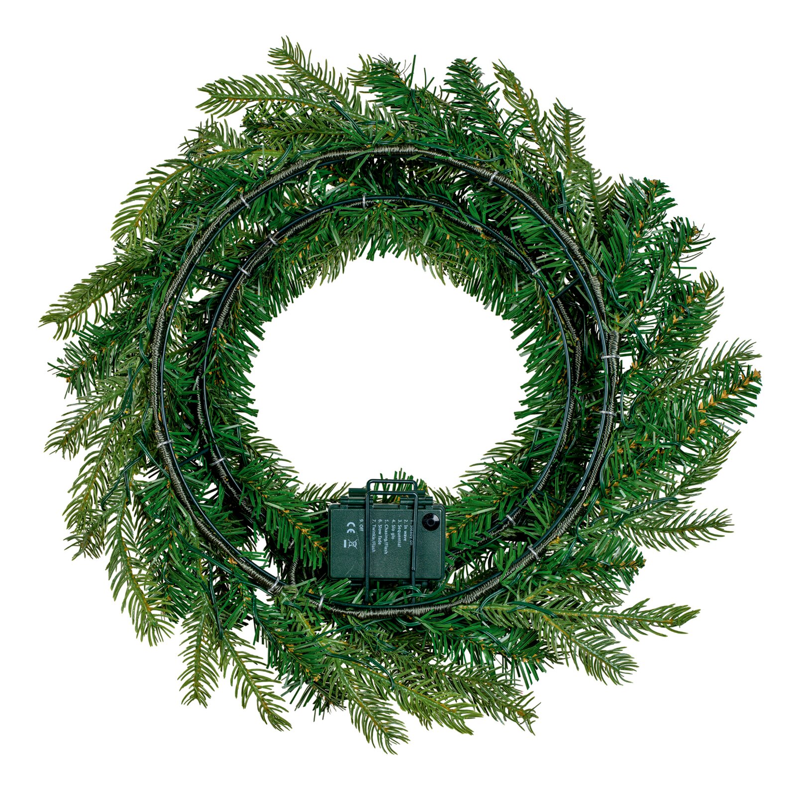 Achteraanzicht van een groene kunstkerstkrans met metalen frame, lichtsnoer en batterijhouder