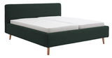 Polsterbettgestell in dunklem Grün mit Holzfüßen, seitliche Perspektive