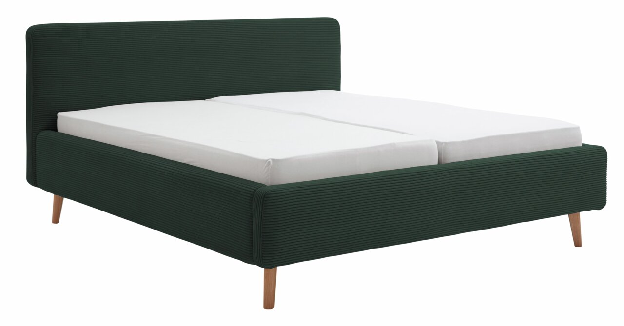 XORA Polsterbettgestell MATTIS Polsterbettgestell in dunklem Grün mit Holzfüßen, seitliche Perspektive