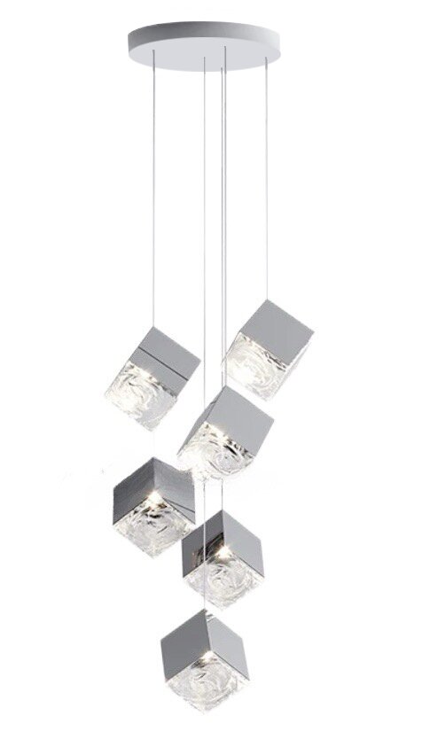 Moderne hanglamp met zes kubusvormige lichtelementen, gezien van onderaf.