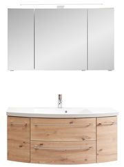 Frontale Ansicht einer dreiteiligen Badkombination mit Spiegelschrank und Waschtisch in Holzoptik.