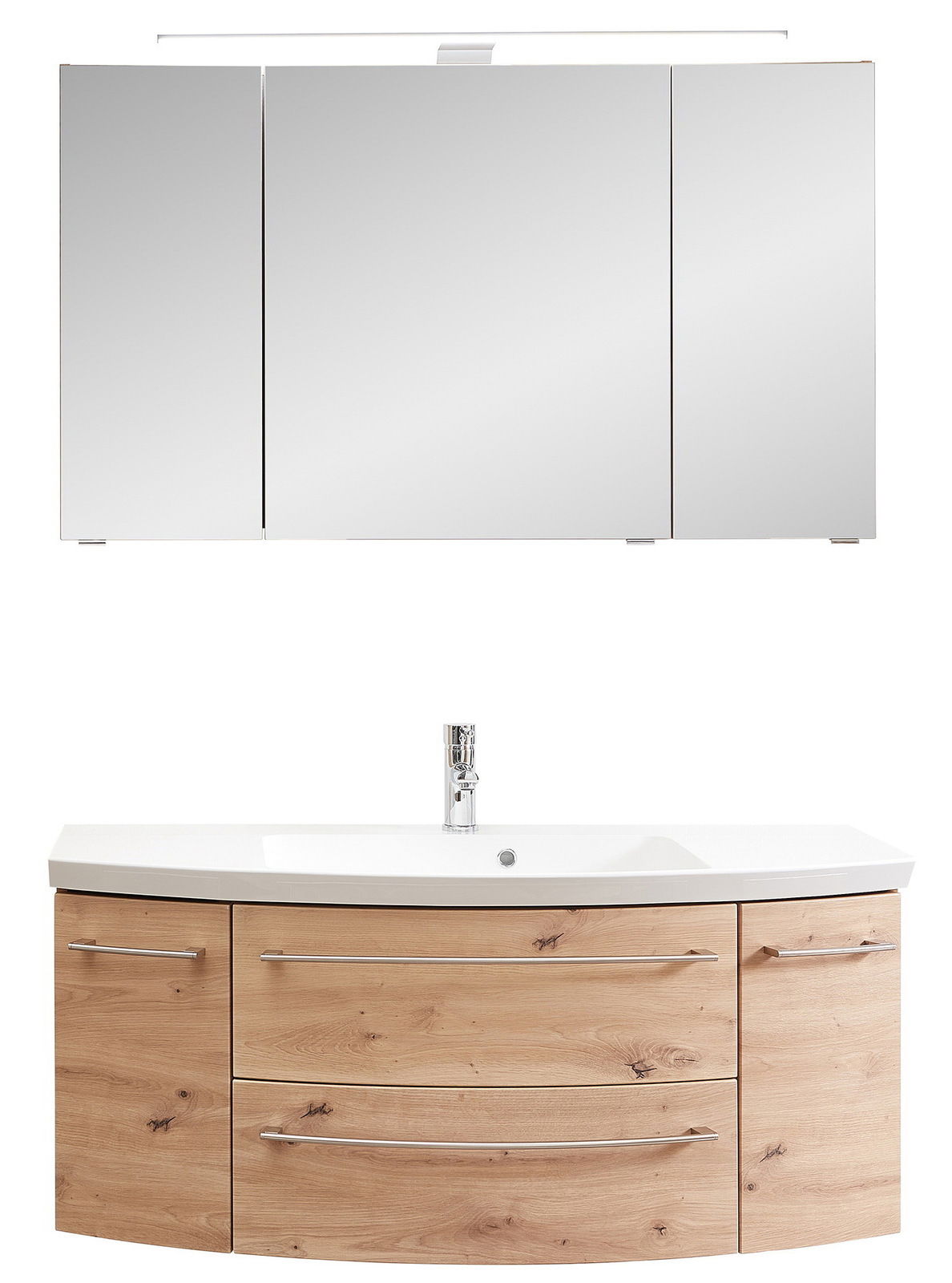Frontale Ansicht einer dreiteiligen Badkombination mit Spiegelschrank und Waschtisch in Holzoptik.
