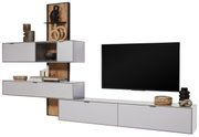 Moderne Wandkombination in hellem Grau mit mehreren Schränken und Regalen, dekoriert mit Büchern und Vasen, aus seitlicher Perspektive.