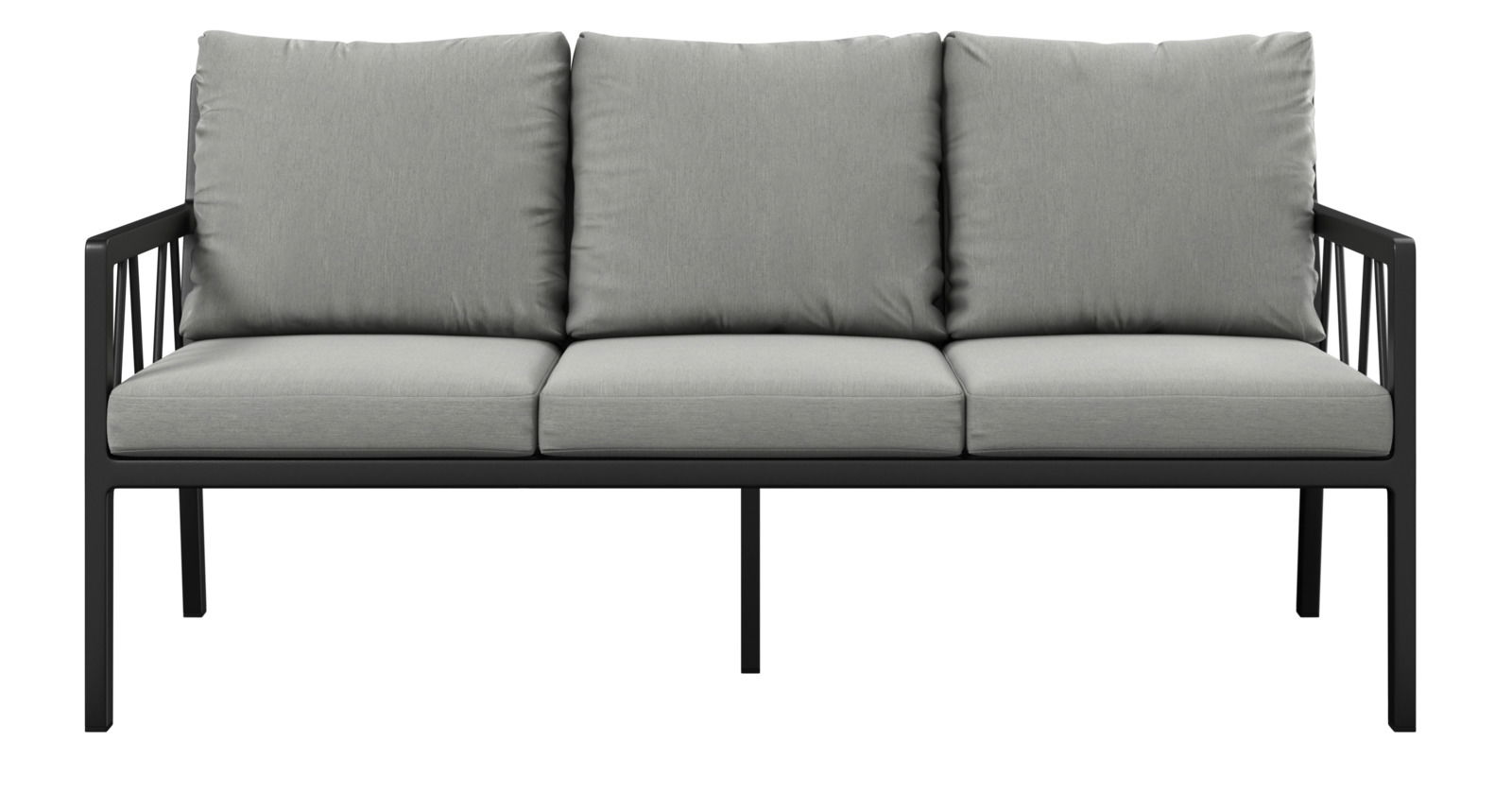 Gartenbank 3er mit grauen Kissen, Vorderansicht