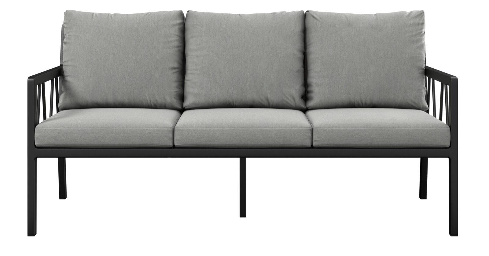Gartenbank 3er mit grauen Kissen, Vorderansicht