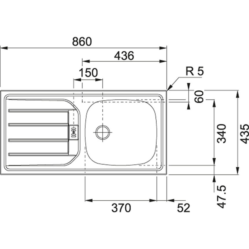Technische Zeichnung einer Küchenspüle mit Abtropffläche, Draufsicht, Maße: 860 mm x 435 mm.