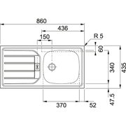 Technische Zeichnung einer Küchenspüle mit Abtropffläche, Draufsicht, Maße: 860 mm x 435 mm.