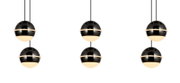 Drie moderne LED-hanglampen in bolvormig ontwerp, glanzend zwart met warmwitte verlichting, gezien van voren.