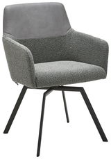 Moderner grauer Sessel mit gepolstertem Sitz und Rückenlehne, schwarzes Metallgestell, seitliche Perspektive