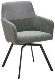 Moderner grauer Sessel mit gepolstertem Sitz und Rückenlehne, schwarzes Metallgestell, seitliche Perspektive