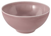 Runde rosa Schüssel mit gerilltem Innenmuster, seitliche Perspektive