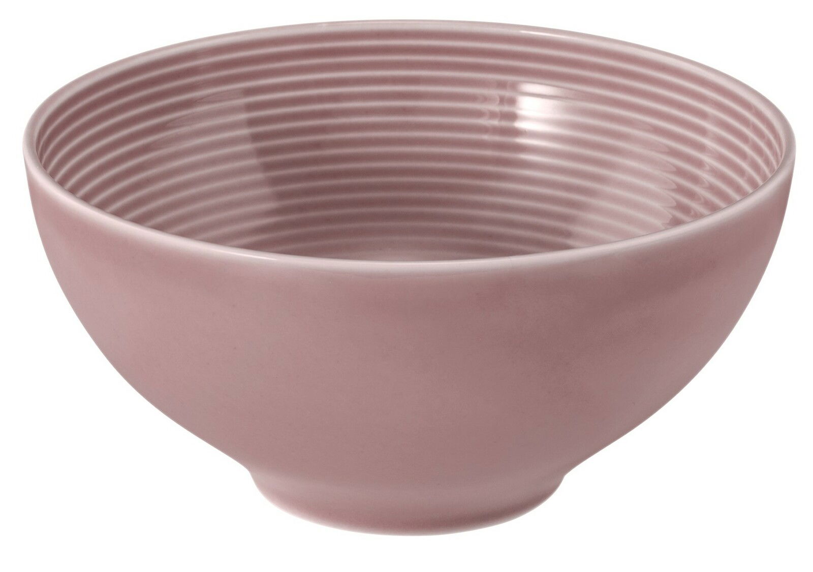 Runde rosa Schüssel mit gerilltem Innenmuster, seitliche Perspektive