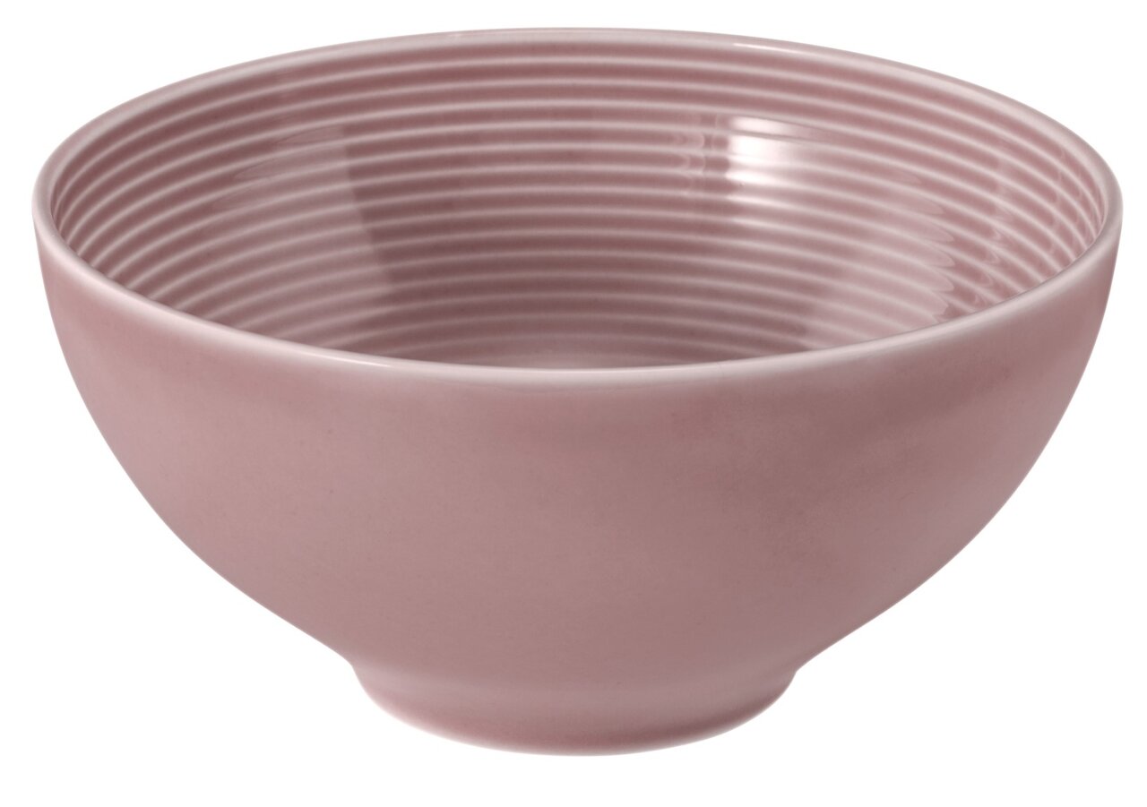 Runde rosa Schüssel mit gerilltem Innenmuster, seitliche Perspektive