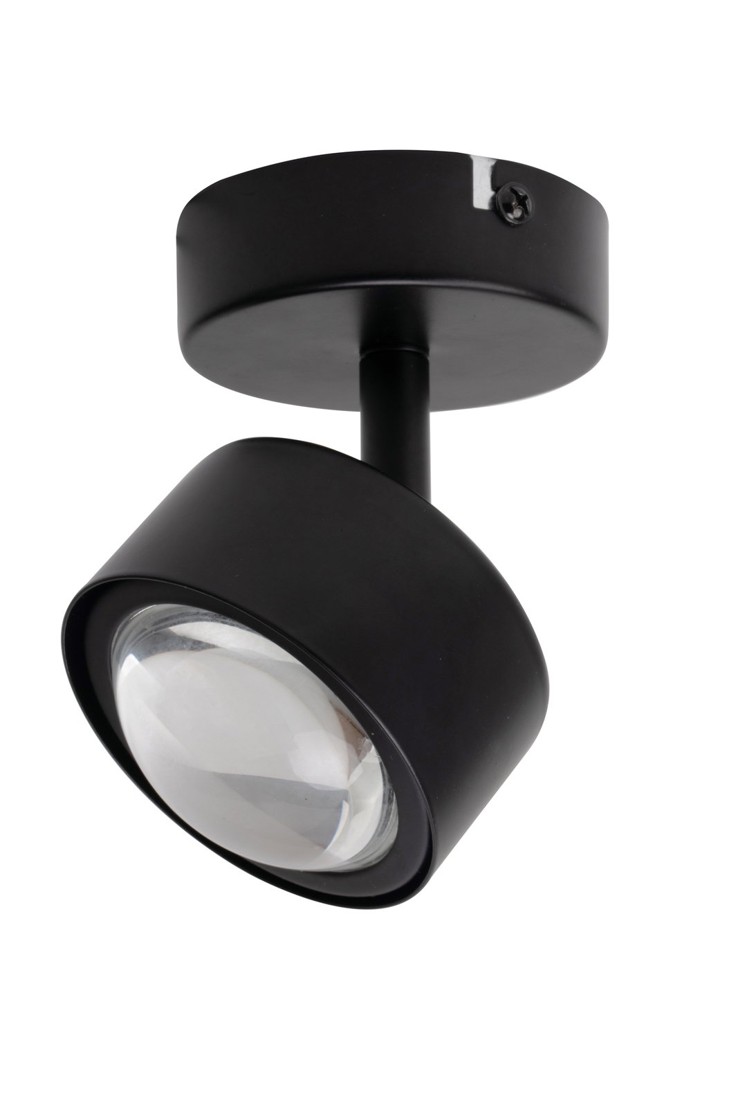 Schwarzer LED-Strahler aus der Seitenperspektive mit rundem Gehäuse und klarer Linse.