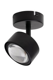 Schwarzer LED-Strahler aus der Seitenperspektive mit rundem Gehäuse und klarer Linse.