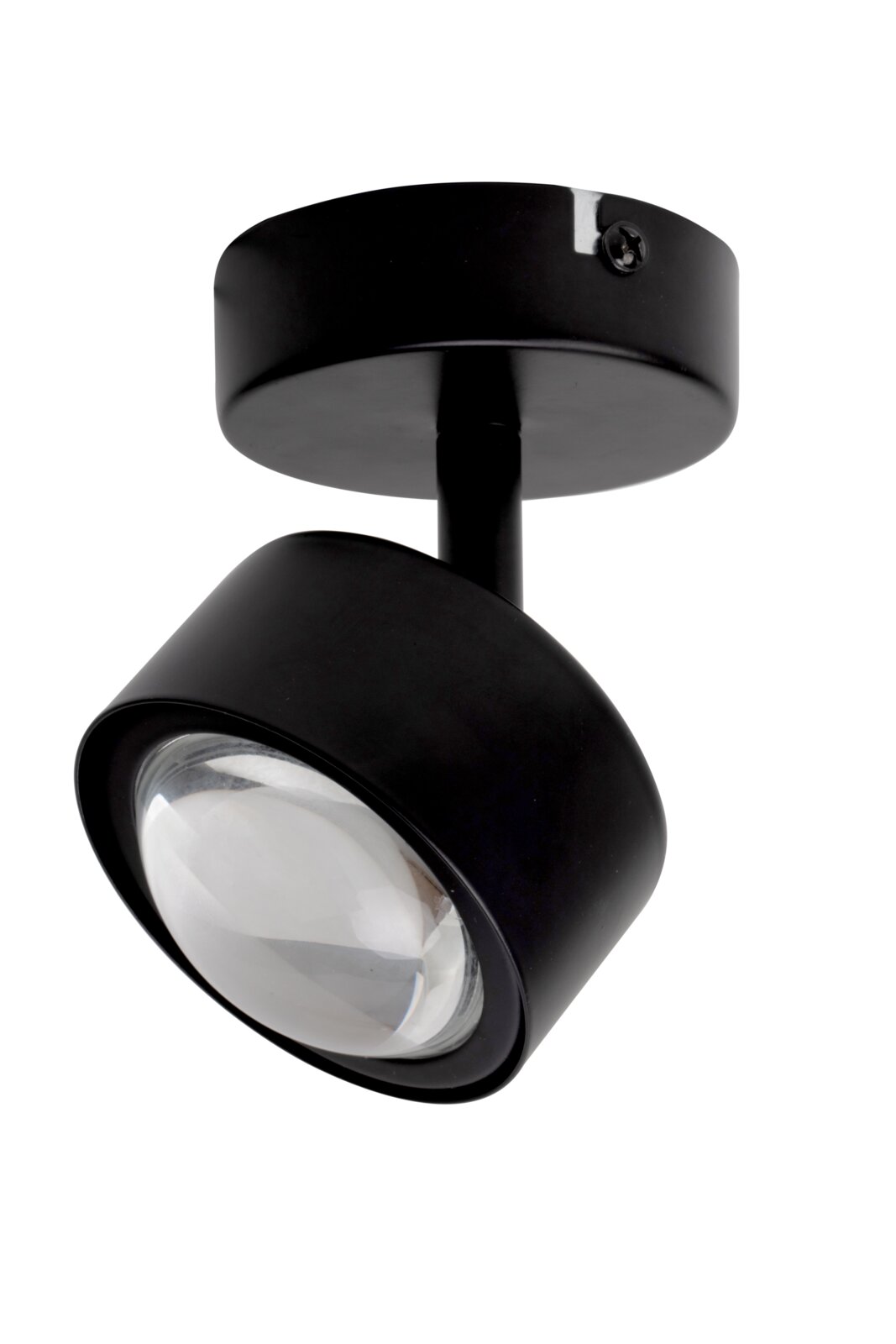 Schwarzer LED-Strahler aus der Seitenperspektive mit rundem Gehäuse und klarer Linse.