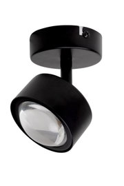 Schwarzer LED-Strahler aus der Seitenperspektive mit rundem Gehäuse und klarer Linse.
