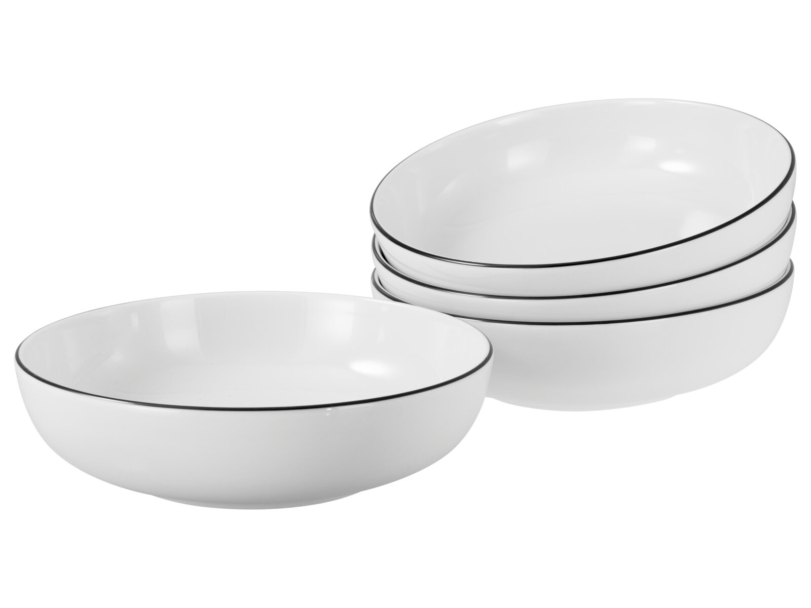 Creatable Poke Bowl 4-tlg ALLROUND Vier weiße ovale Servier-/Schalen mit schwarzem Rand, drei gestapelt und eine davor, Produktaufnahme in leicht schräger Seitenansicht von oben auf weißem Hintergrund