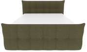 Gestoffeerd bed met een met stof bekleed, olijfgroen hoofdeinde en voeteneinde met knoopversiering, vooraanzicht