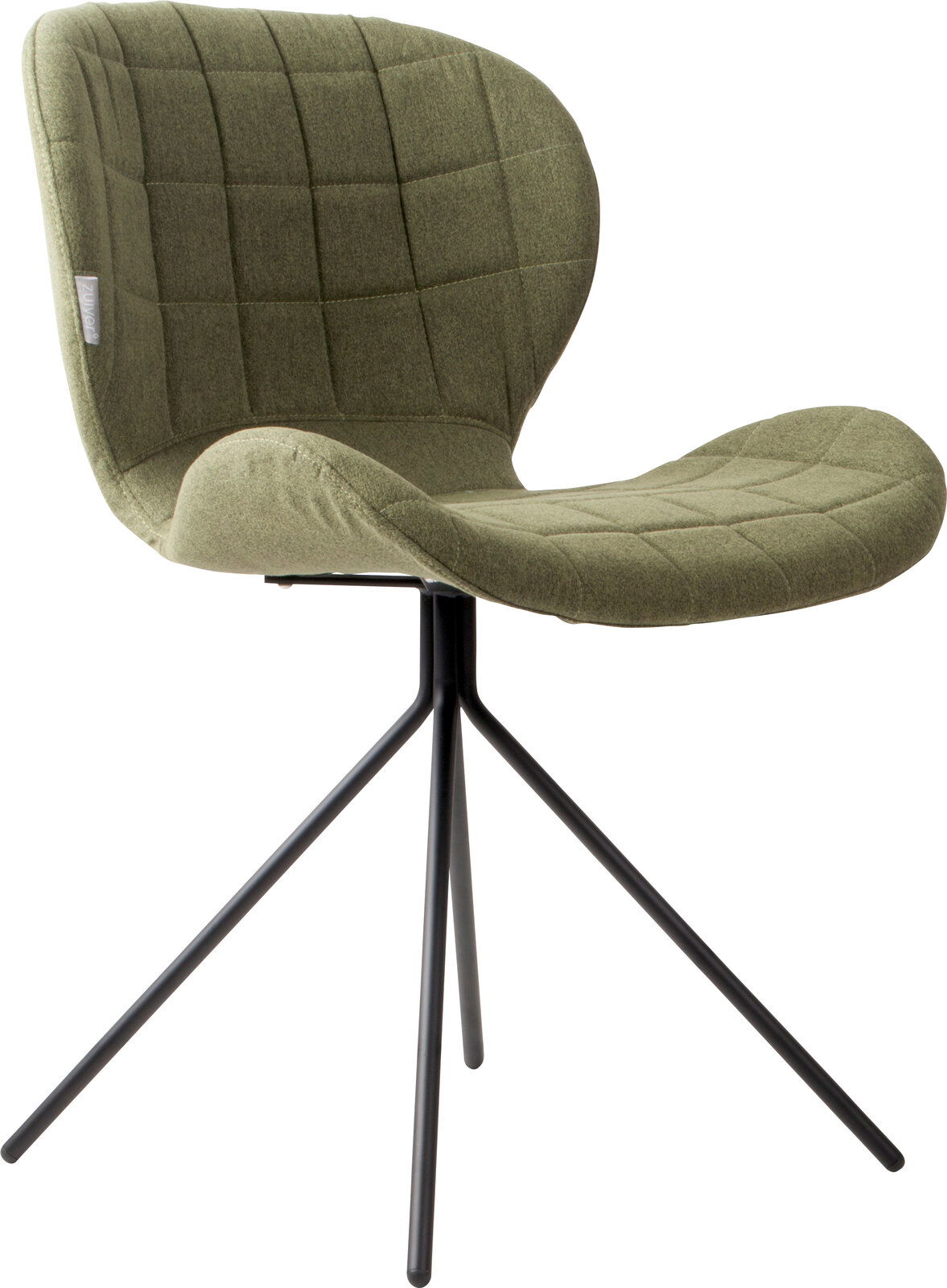 Z2 Stuhl OMG Moderner grüner Stuhl mit gepolsterter Sitzfläche und Rückenlehne, auf schwarzem Metallgestell, seitliche Perspektive