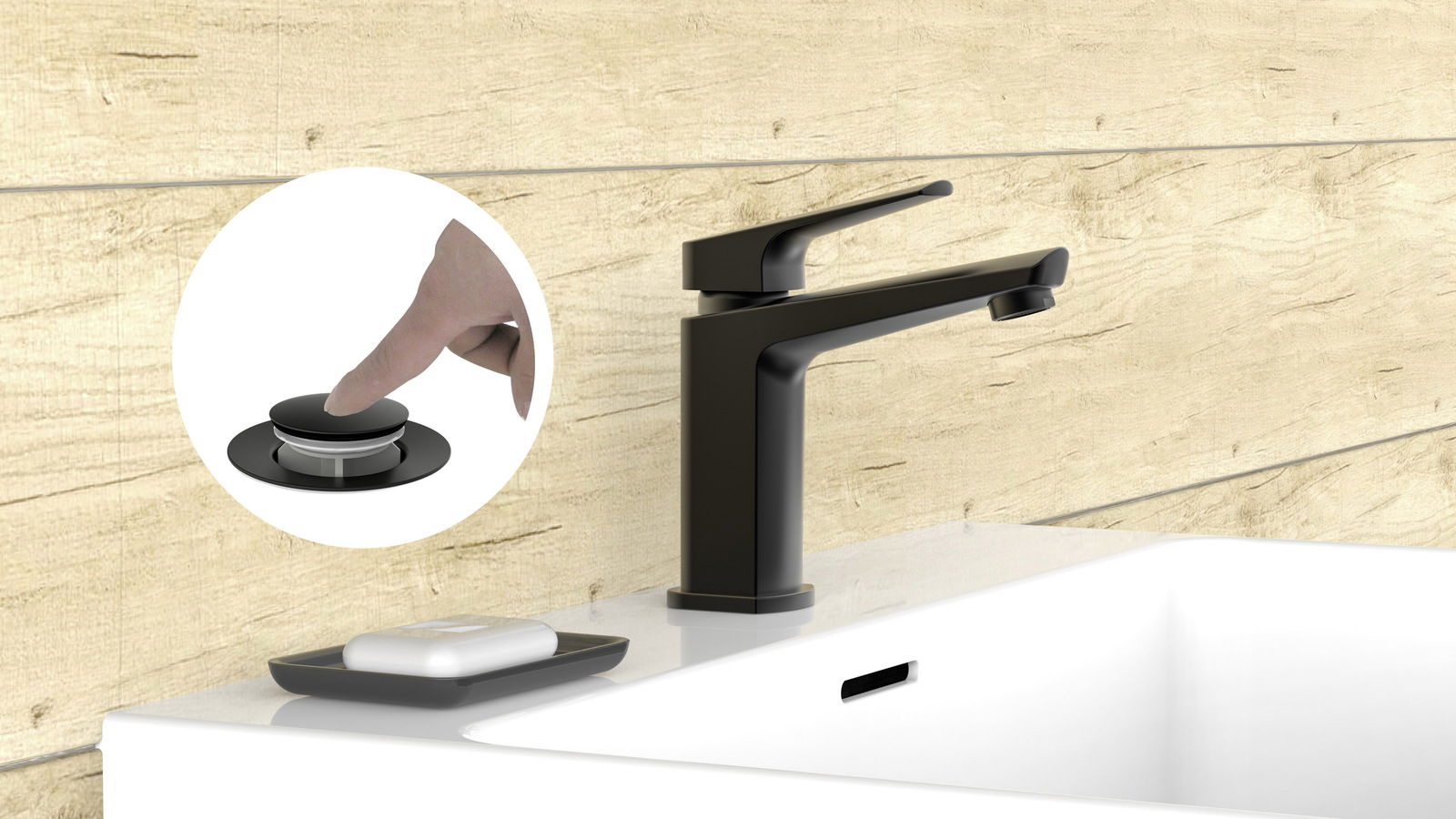 Moderne schwarze Waschtischarmatur mit seitlicher Ansicht, inklusive Push-Button-Abflussstopfen.