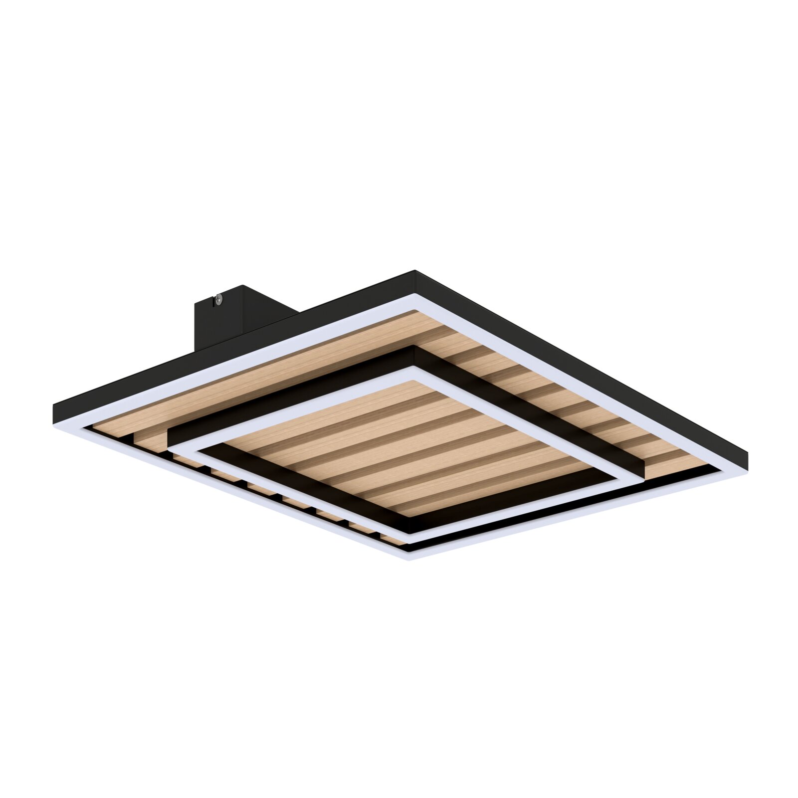 Moderne quadratische LED-Deckenleuchte in Schwarz mit Holzlamellen-Optik und umlaufendem Lichtband, schräg von unten im 3/4-Winkel freigestellt auf schwarzem Hintergrund