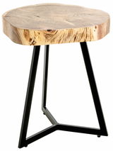 Beistelltisch aus Holz mit natürlicher Maserung und schwarzem Metallgestell, seitliche Perspektive