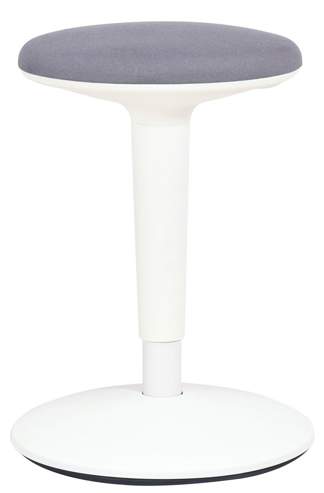 Moderner Sitzhocker mit grauer Sitzfläche und weißem Standfuß, seitliche Perspektive