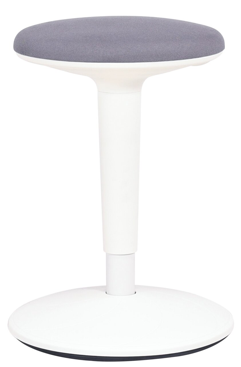 Moderner Sitzhocker mit grauer Sitzfläche und weißem Standfuß, seitliche Perspektive