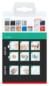 Verpackung des tesa Aluxx Seifenkorbs mit Anleitungen zur einfachen Montage und Demontage, geeignet für verschiedene Oberflächen wie Fliesen, Marmor und Glas. Perspektive: Vorderansicht der Verpackung.